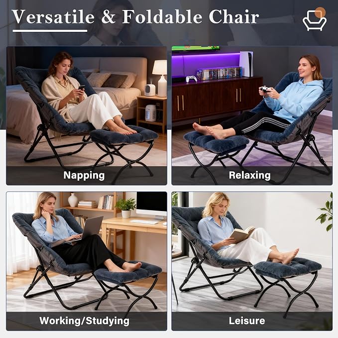 Furlide Saucer Chair with Ottoman, Comfy Doorm Chairs, Oversized Folding Faux Fur Chair, Foldable Metal Frame Chair for Bedroom, Living Room(Navy Blue)
