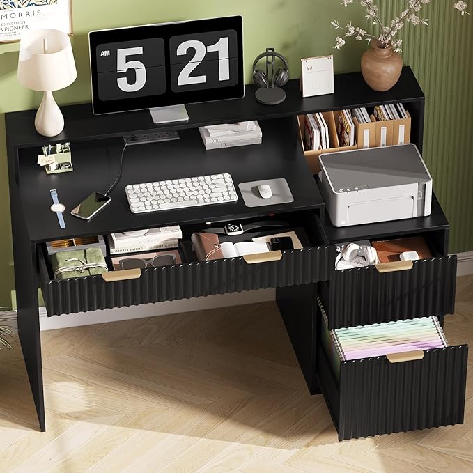 Vabches Fluted Computer Desk with Power Outlets, Home Office Desk with Drawers, Printer Stand, Wood Computer Desk with Long Monitor Stand, Black