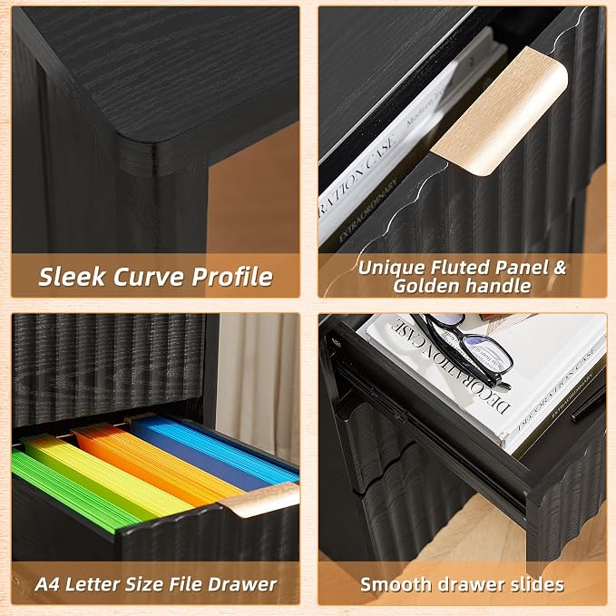 LEYAOYAO Office Desk 48" with 3 Drawers Storage File Cabinet Wood Fluted Desk for Computer Office Bedroom Home Furniture Black