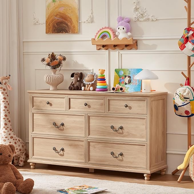 Farmhouse 54" 7 Drawers Dresser for Bedroom, Wide Wood Chest of Drawers w/ 4 Wooden Legs, Vintage Rustic Large Closet Storage Dressers Organizer for Hallway, TV Stand for Living Room, Natural