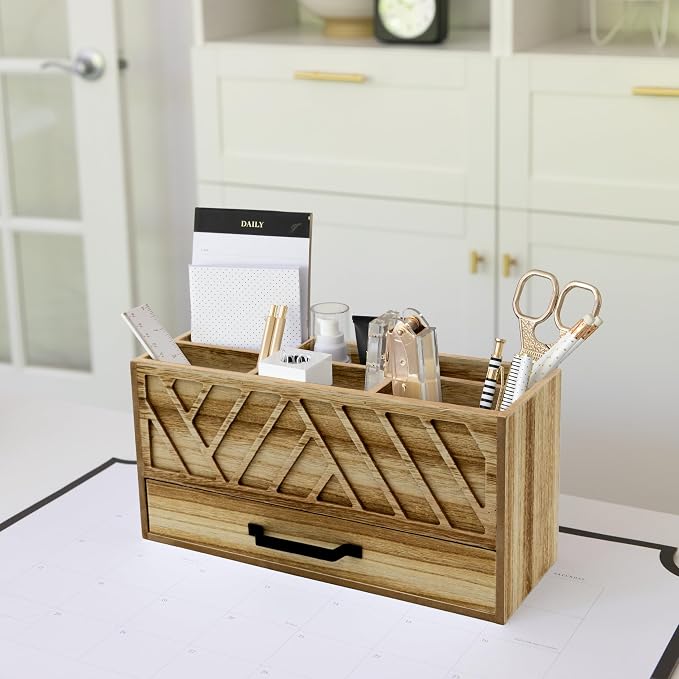 BLU MONACO | Natural Wood Desktop Pen Organizer with Drawer | Wooden Pen Holder & Stationery Organizer with 6 Compartments | Desk Storage for Office, Art Supplies & Home