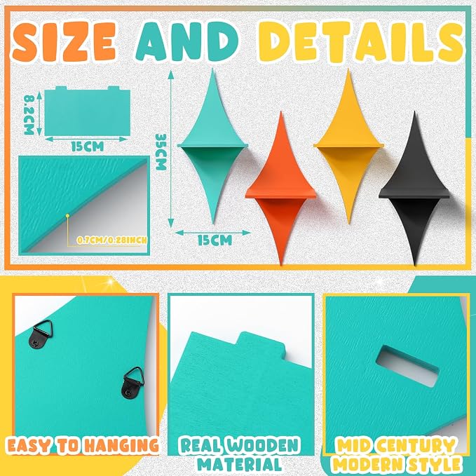 Threehoney Mid-Century Modern Wall Set of 4 Colorful Floating Display Shelves Retro Style Starburst Wall Mounted Shelves Storage for Bedroom, Living Room Decor(Rhombus)