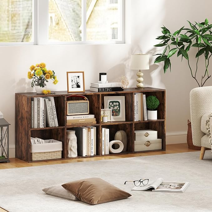 DREAMADE 8 Cube Storage Organizer, 2 Tier Multipurpose Display Shelf w/Open Storage & 2 Anti-Tipping Kits, 8-Cube Wooden Bookcase for Living Room, Bedroom, Study, Home, Office (Brown)