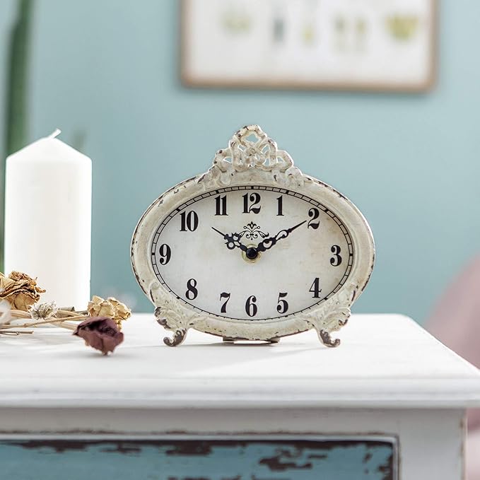 NIKKY HOME Vintage White Desk Clock, Rustic Home Decor | Rustic distressed white clock with classic design. Silent operation for mantels, desks, shelves, and farmhouse interiors.