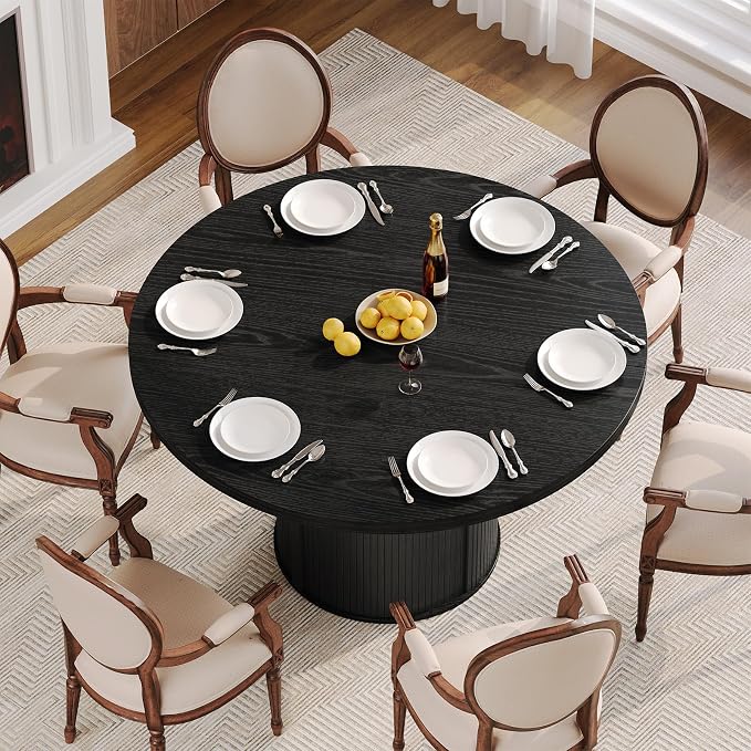 Round Dining Table for 4-6 Seats, 47" Circle Kitchen Table with Storage Drawer, Modern Mid-Century Pedestal Dinner Tables, Fluted Wood Base, Space Saving Dining Room Furniture for Family Party, Black