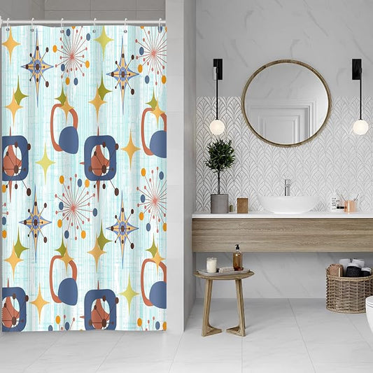 Mid Century Shower Curtain, 48x72inch, Modern Abstract Retro Blue Striped Geometric Shower Curtain Sets 1950s Boho Bathroom Shower Curtain with 8 Hooks