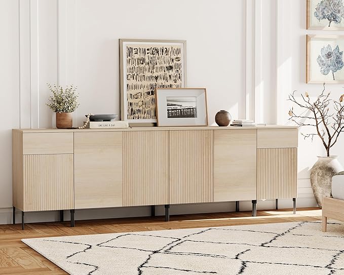 WAMPAT 94.5" Buffet Sideboard Cabinet with 2 Drawers & 6 Doors,4-in-1 Fluted Storage Credenza with Charging Station,Modern Buffet Table Coffee Bar Wine Bar Cabinet for Dining Room, Living Room,Beige