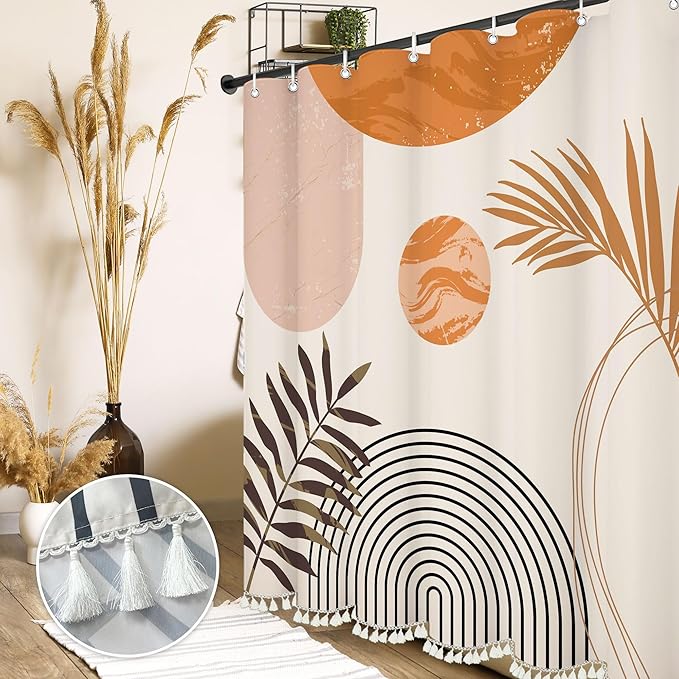 Boho Mid Century Leaf Shower Curtain Set,Arch Sun Design,Minimalistic Leaves Pattern,Waterproof and Luxurious Fabric-12 Hooks(Orange-72" x 72")