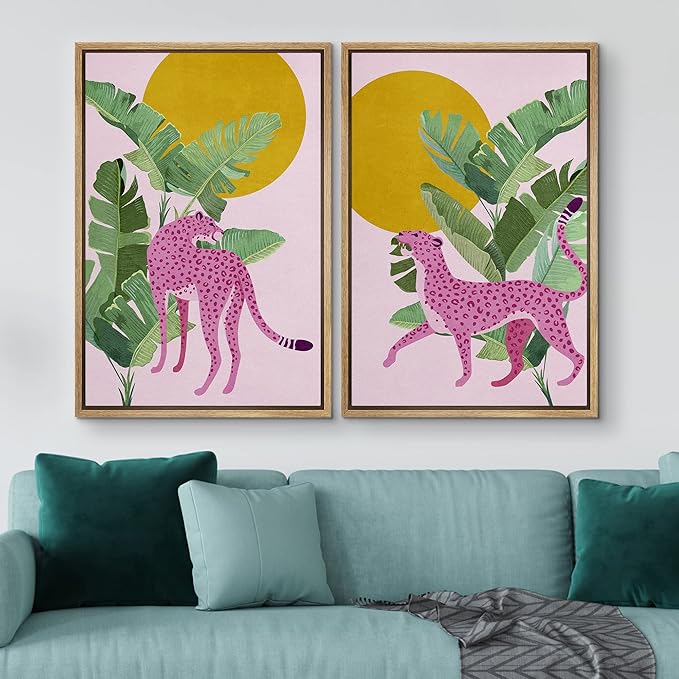 IDEA4WALL Framed Canvas Print Wall Art Set Tropical Jungle Banana Leaf Pink Cheetah Cat Nature Wilderness Digital Art Modern Art Decorative Animal for Living Room, Bedroom, Office - 16"x24"x2 Natural