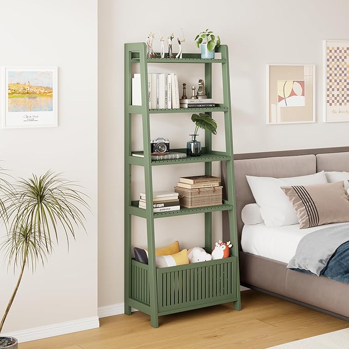 Bamjoy Bamboo Ladder Bookcase, Bookshelf with 4 Display Shelves and 1 Open Storage Basket, Storage Rack Organizer for Home Office, 66” H Forest Green