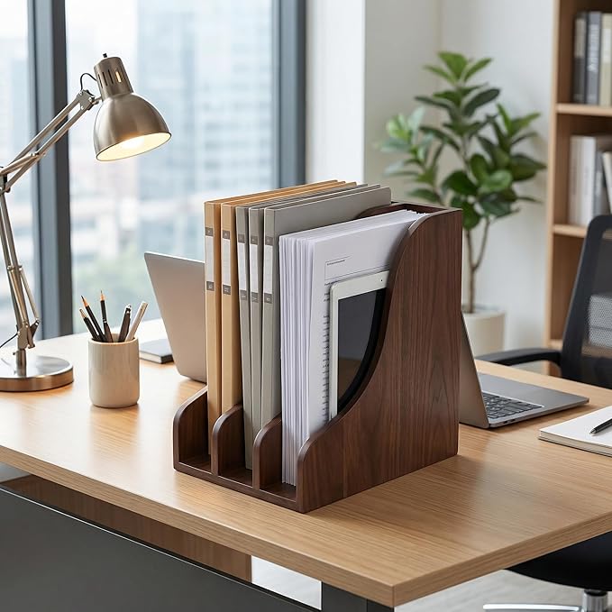 Solid Wood Vertical File Organizer, Desktop Document Holder with Customizable Design, Multifunctional Desk Organizer for Mail, Paper, Books, Files, Laptops, Office & Home Desktop Organization