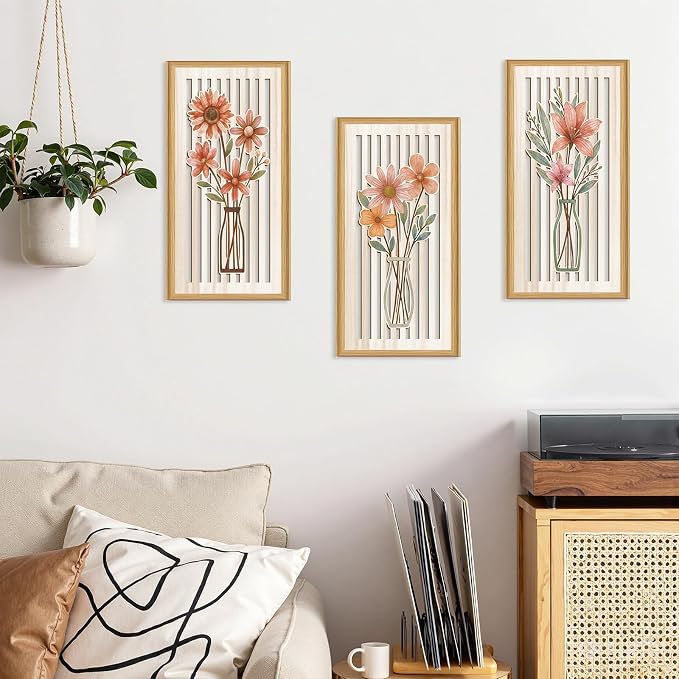 Celestdeco 3 Pcs Boho Flower Market Wall Decor Floral Botanical Modern Wood Wall Art Bohemian Floral Hanging Decor Abstract Minimalist Wooden Art for Living Room Bedroom Office 7.9 x15.8 Inch