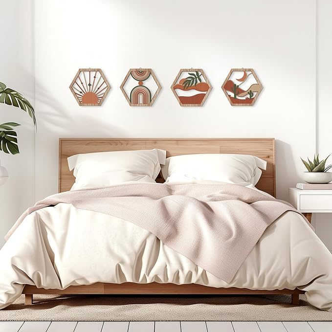 HPNIUB 4 Pcs Boho Wall Art Decor, Bohemian Geometric Hanging Wood Sign for Living Room, Aesthetic Abstract Desert Cactus, Minimalist Farmhouse Botanical Wooden Plaque for Apartment Bedroom(11''x9.8'')