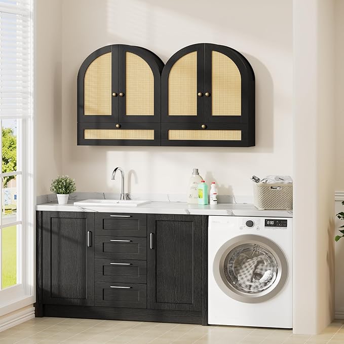 Arched Bathroom Wall Cabinet, Rattan Medicine Cabinet with Drawer, Wall Mounted Hanging Above Toilet Storage Cabinet, Black 4-Tier Small Over The Toilet Storage Cabinet with Door for Kitchen, Laundry