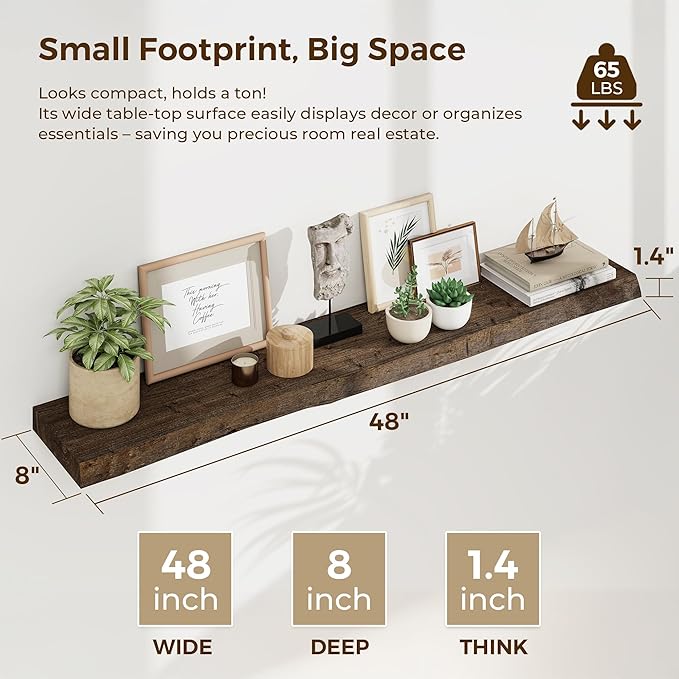 Rustic Wood Floating Shelves for Wall Decor, Reclaimed Elm Wood Live Edge Shelves 48 Inch Long, 8 Inch Deep Floating Shelf for Living Room Bathroom Bedroom, 48 x 8 Wall Shelves Set of 1, Walnut Color