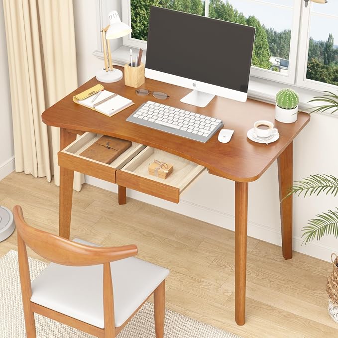100% Solid Wood Desk with Drawers - 40 x 24 Inch Home Office Computer Desks, Modern Writing Desk with Drawers, Simple Study Table Makeup Vanity - Walnut Vintage Desks
