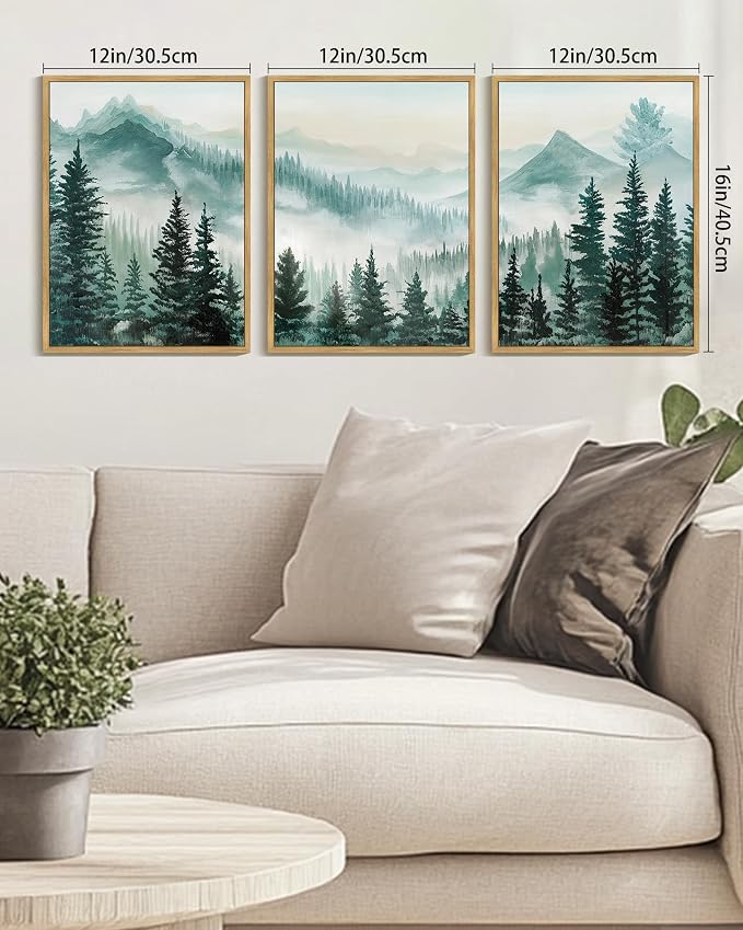KUVIOKE Fog Pine Tree Mountain Landscape Framed Wall Art Watercolor Nature Misty Forest Painting Vintage Farmhouse Rustic Wall Decor for Bedroom Hallway 12x16in (Natural Framed)