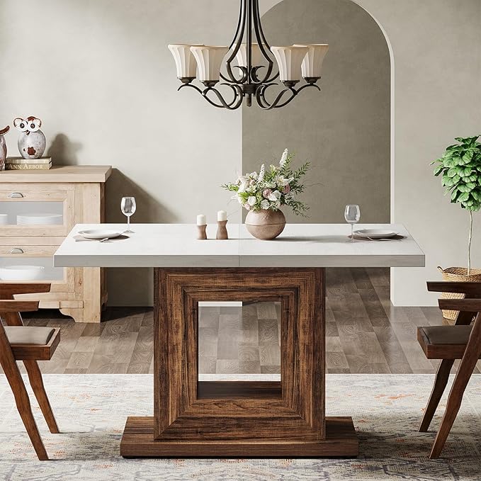 Tribesigns 47-Inch Farmhouse Dining Table for 4, White Kitchen Dinner Table with Heavy Duty Pedestal, Rustic Wooden Eating Table for Home, Dining Room, Small Space, White & Brown