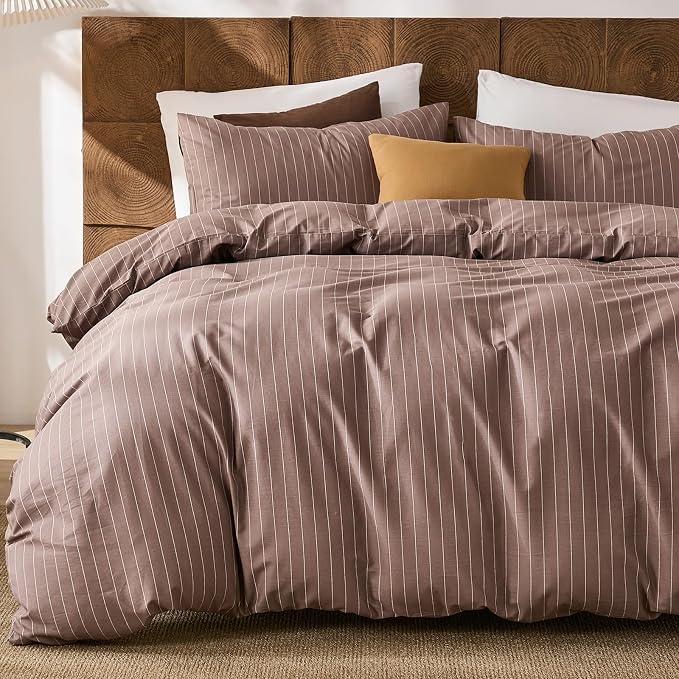Merryword 100% Cotton Duvet Cover Set King Size, Brown Pinstripe Bedding Set with 2 Pillowcases, Soft Breathable Comforter Cover, Natural Cotton Linen Like Bedding Set for Cozy Home Bedroom