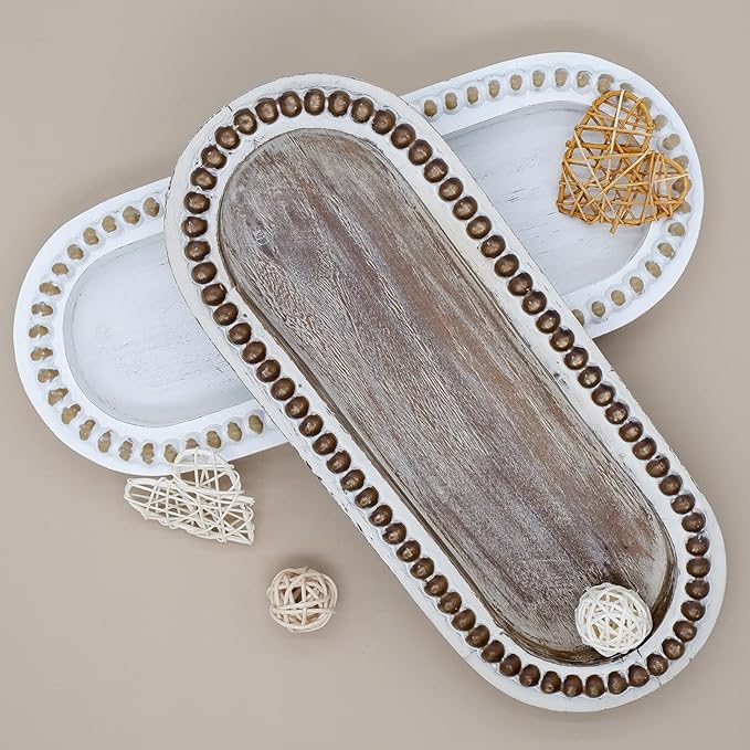 Wood Serving Tray, Wooden Bead Decorative Tray, White Washed Coffee Table Tray for Ottoman, Rustic Distressed Decor for Home, Kitchen, Farmhouse (White)