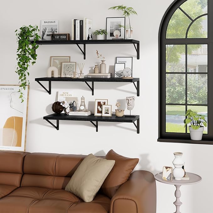 Deep Wall Shelves 16"W x 12"D Engineered Wood Floating Shelves for Wall, Sturdy Metal Bracket Bookshelves Home Decor Storage for Living Room Bedroom Bathroom Kitchen, Set of 2, Black Finish