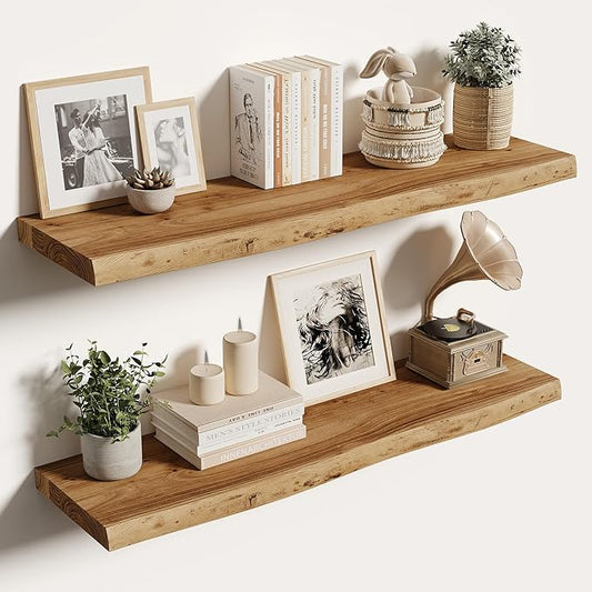 Vivelove Live Edge Floating Shelves for Wall Solid Elm Wood, Rustic Farmhouse Wall Shelf with Invisible Bracket for Living Room Bedroom Bathroom Office Book, 36 Inches - Set of 2 - Natural