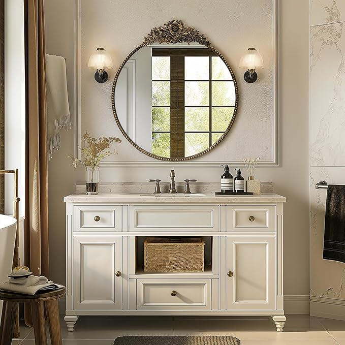 Round Baroque Style Antique Mirror, 24" Metal Circle Vintage Wall Mounted Decorative Mirror for Entryway,Bathroom,Vanity, Retro Black