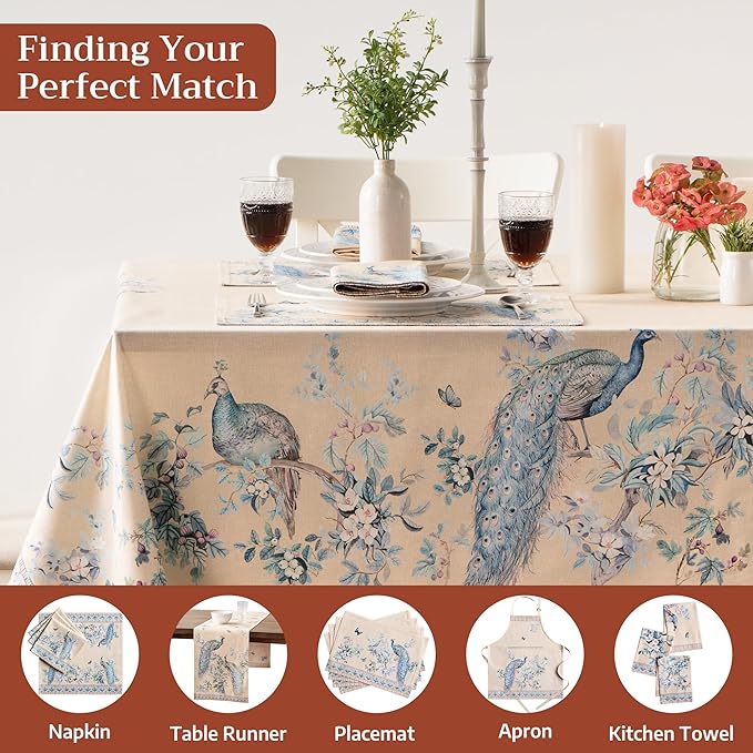 Maison d' Hermine Premium Table Cloth Rectangle Table 100% Combed Cotton 140 x 70 Inches Tablecloth Reusable Decorative for Dining Room, Home, Party, Festive & Wedding - Peacock Utopia - Sandy Beach