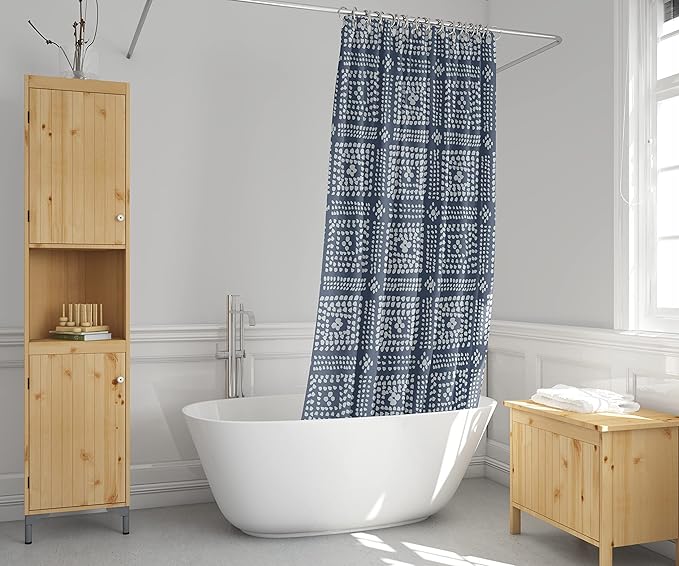 Modern Blue Shibori Print Shower Curtain - Boho Geometric Dot Pattern - Mudcloth Design - Decorative Fabric Shower Curtain for Any Bathroom - 72x72 Inches (Shibori)