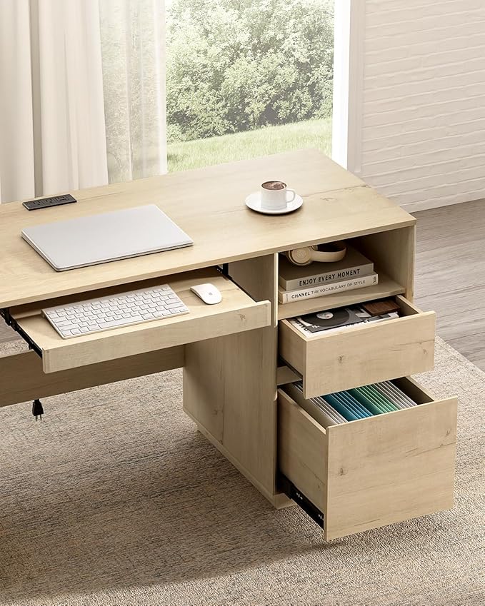 47" Executive Desk with File Drawer, Farmhouse Computer Desk with Charging Station and Open Storage Compartment Wooden Home Office Desk for Writing Study Working, Light Oak