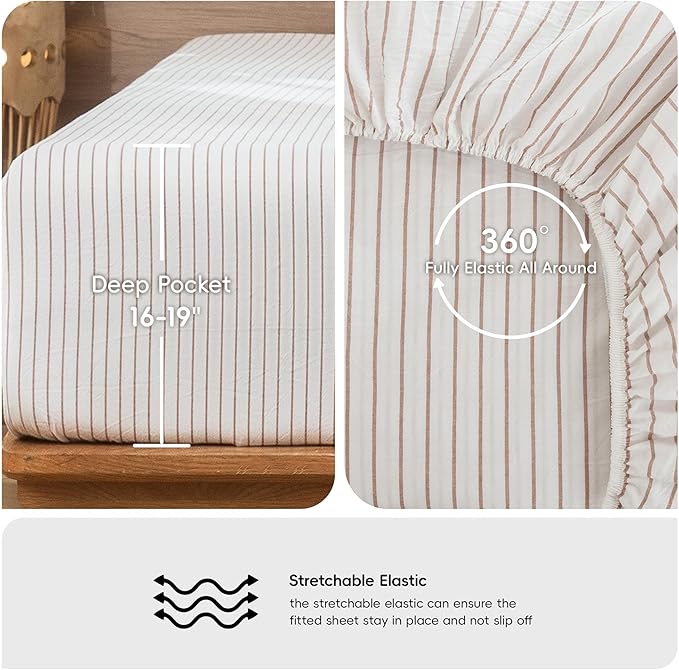 MooMee Striped Sheet Set 100% Washed Cotton Linen Like Textured Breathable Durable Soft Comfy (White Dark Orange Wide Stripes, King)