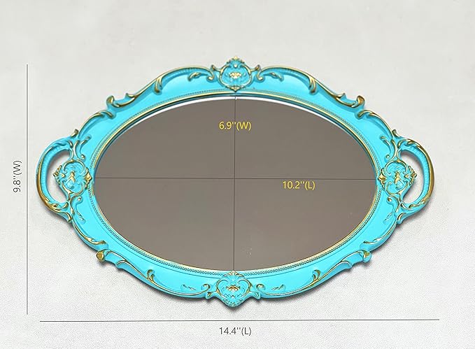 Oval Vintage Decorative Mirror Tray, Jewelry Dresser Organizer Tray, Cosmetics Makeup Storage Organizer, Serving Tray (9.8”x 14.6”) Blue