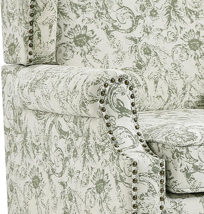 High Back Floral Accent Chairs Set of 2, Fabric Upholstered Armchair Wingback Arm Chair for Living Room, Nailhead Trim Single Sofa Bedroom Side Reading Seat with Solid Wood Legs - Rococo Green