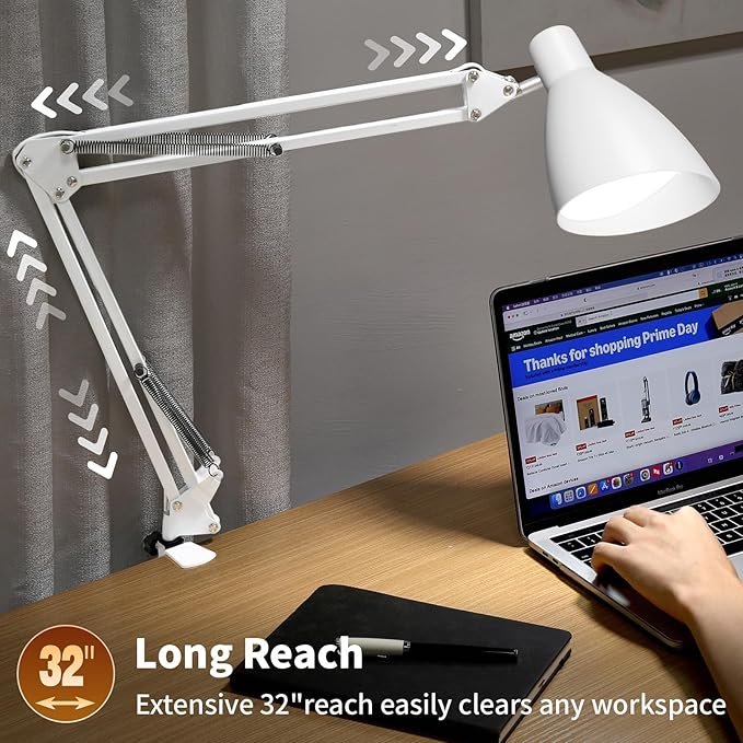 LED Desk Lamp with Clamp, 32" Classic Swing Arm Architect Desk Lamp 5 Color Modes 10 Brightness Level, Home Office Task Lamps Adjustable Gooseneck Clip-on Table Light for Reading, Home Working, Study