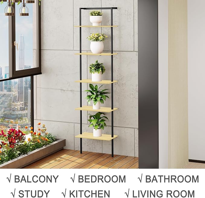 5-Tier Ladder Shelf, Wall Mounted Ladder Bookshelf with Metal Frame, Wood Tall Open Storage Rack and Display Shelves for Home Office Bedroom Living Room, Light Oak