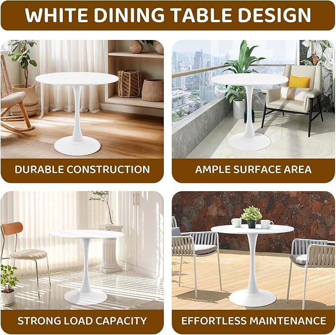 Round White Dining Table Modern Kitchen Table with Pedestal Base in Tulip Design, Mid-Century Leisure Table for 2 to 4 Person，for Kitchen, LivingRoom, Office, Cafe (23.6 x 23.6 x 28.7 inches)