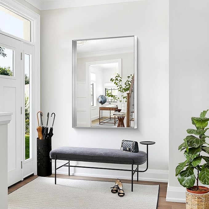 CIRCUMI Silver Bathroom Mirror, 36"x48" Rectangular Mirror with Deep Metal Frame, Brushed Finish, Tempered Glass, Large Mirror for Wall, Over 2 Sinks, Installed Vertically/Horizontally, Crystal-Clear