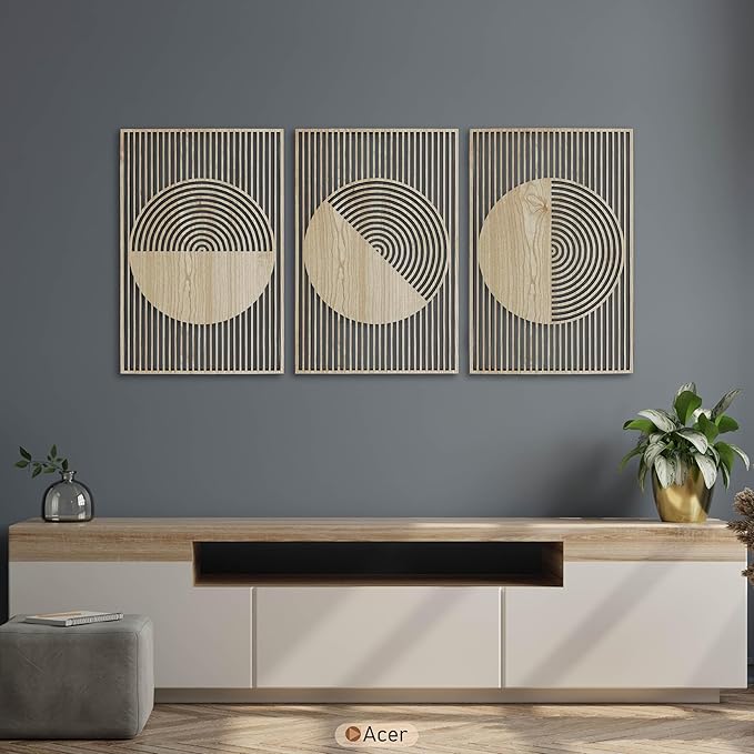 Abstract Boho Wood Wall Art Set of 3, Geometric Wooden Circle Panels, Mid Century Modern Designer Decor, Large Statement Housewaming Gift for Living Room and Bedroom