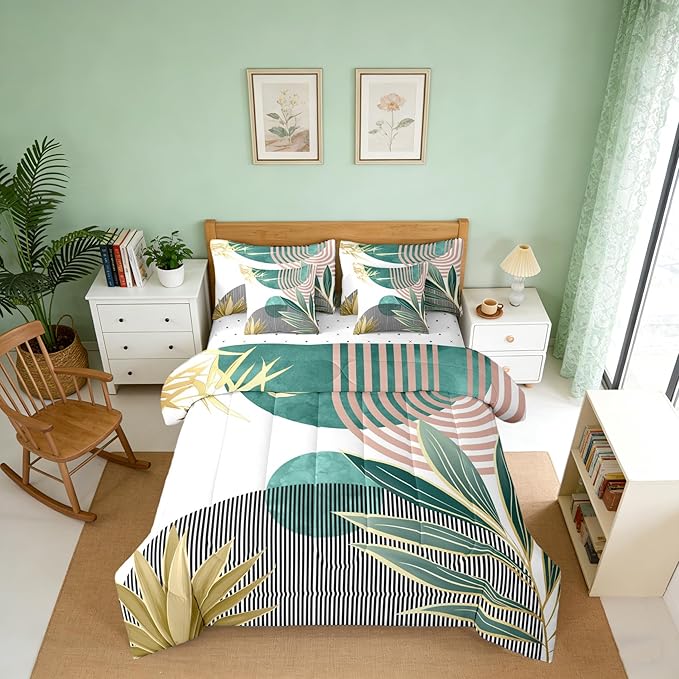 Erosebridal Mid Century Modern Bedding Sets Full Bohemian 7 Piece Comforter Set for Kids,Boho Tropical Modern Bed in a Bag Abstract Sun Minimalist Simple Sheet Set with Comforter,Green Pink