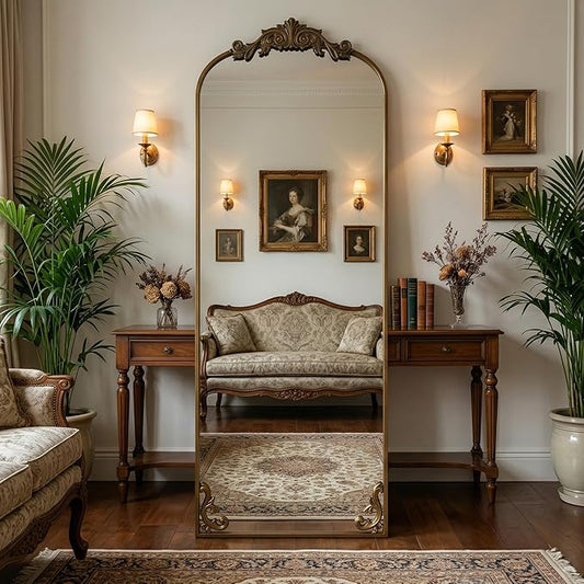 HARRITPURE Vintage Full Length Mirror - 64"x21" Arched Large Floor Standing Mirrors, Baroque Carved Aluminum Frame for Bedroom, Living Room, Entryway,Bronze