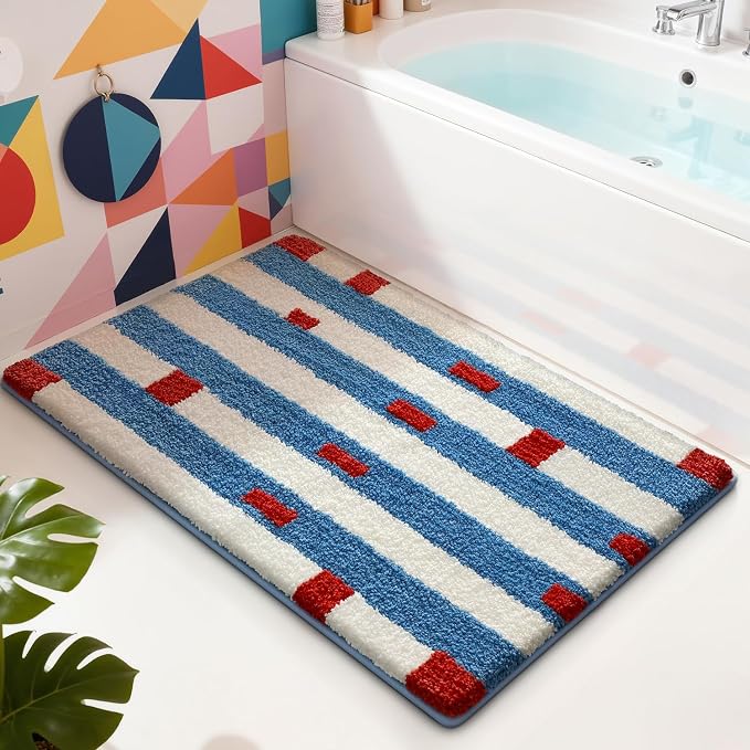 LUMI Bathroom Rugs with Blue White Stripe, Soft Absorbent Bath Mat for Modern Home Decor, Non-Slip Quick-Dry Bath Rug, Machine Washable Floor Mat for Shower and Tub, Entryway, 24"x36"