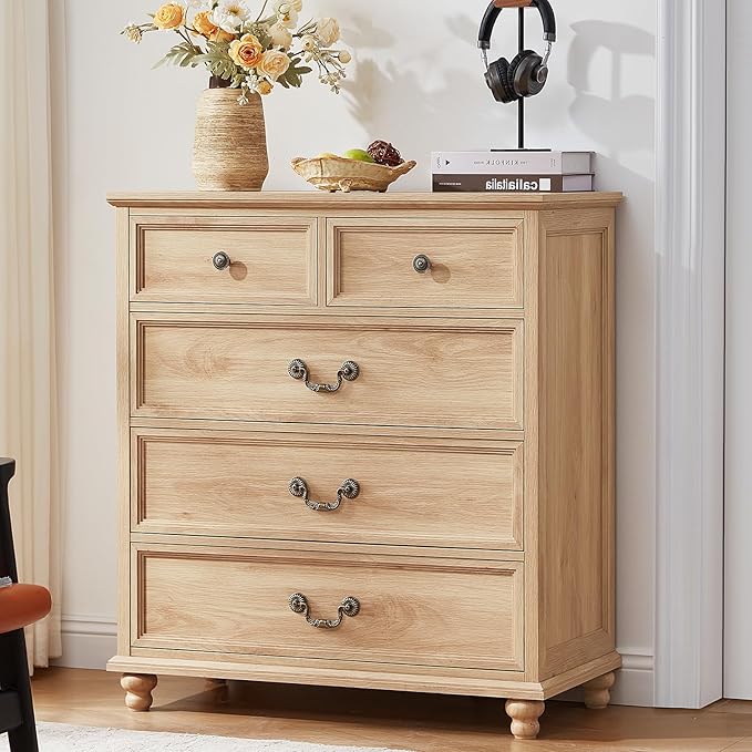 Farmhouse 5 Drawer Dresser Set of 2 for Bedroom, 35" Tall Rustic Chests of Drawers w/ 4 Solid Wood Feet, Mid Century Vintage Wooden Closet Storage Dressers Organizer for Living Room,Natural