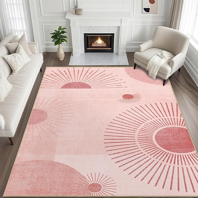 8x10 Large Area Rug for Living Room Sun Rug Mid Century Modern Rugs Machine Washable Boho Geometric Rug Non Slip Printed Low Pile Indoor Floor Carpet for Dining Room Bedroom Office,Pink