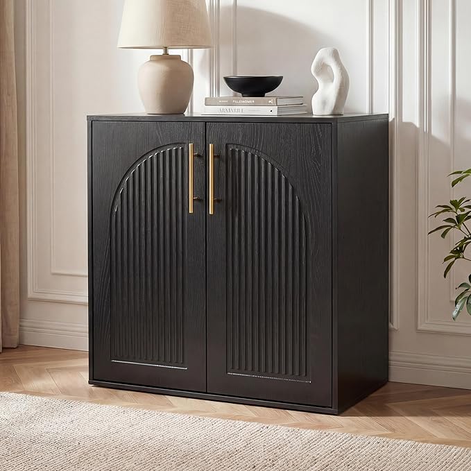 Fluted Sideboard Buffet Cabinet with Storage, Arched Doors & Adjustable Shelves, Modern Accent Credenza, Anti-Tip Console Cabinet for Living Room, Entryway, Hallway & Kitchen, Black