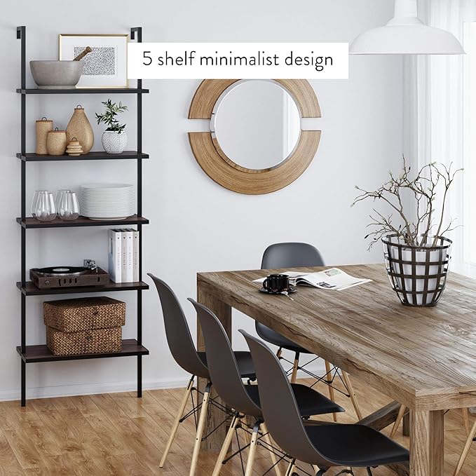 Nathan James Theo Industrial Pipe 3-Shelf & 5-Shelf Ladder Bookshelves, Rustic Oak/Matte Black and Brown Walnut/Black