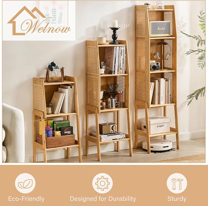 Welnow Bamboo Rattan Bookcase with Cabinet, 2-Tier Storage Shelf with Side Table & End Table Function, Large Modern Wood Organizer for Living Room or Bedroom, Natural Bookshelf