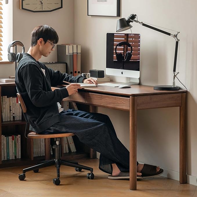 Black Walnut Desk, Mid-Century Modern Solid Wood Computer Writing Desk, Home Office Desk for Study Room Office Bedroom