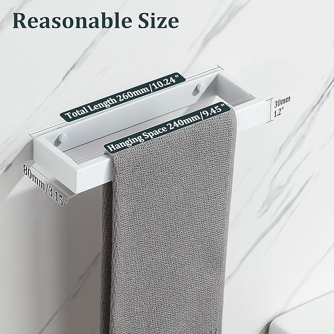 Sayayo White Towel Bar for Bathroom Wall, 10 Inch Hand Towel Holder, Screw or Self Adhesive Towel Ring Square SUS304 Stainless Steel, 3.2 Inch Wider Design