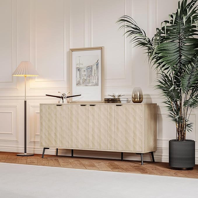 62'' Diamond Flute Sideboard Buffet Cabinet, Diamond Shaped Relief Storage Cabinet with Adjustable Shelves, Accent for Living Room, Entryway,Hallway (Cream Yellow Wood Grain)