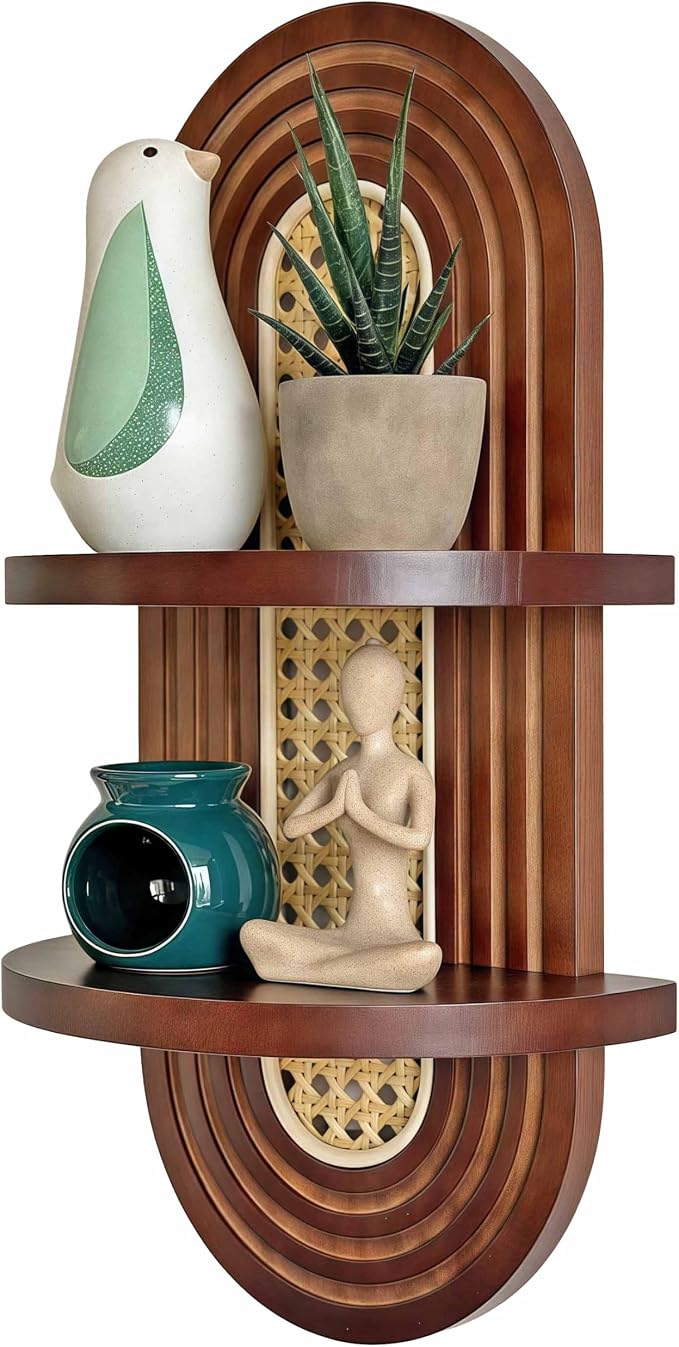 2-Tier Woven Rattan Floating Shelves, Mid-Century Modern Boho Vintage Wooden Wall Decor Plant Shelf for Living Room, Bedroom, Bathroom, Home Office, Ideal for Small Planters & Accents (Walnut)